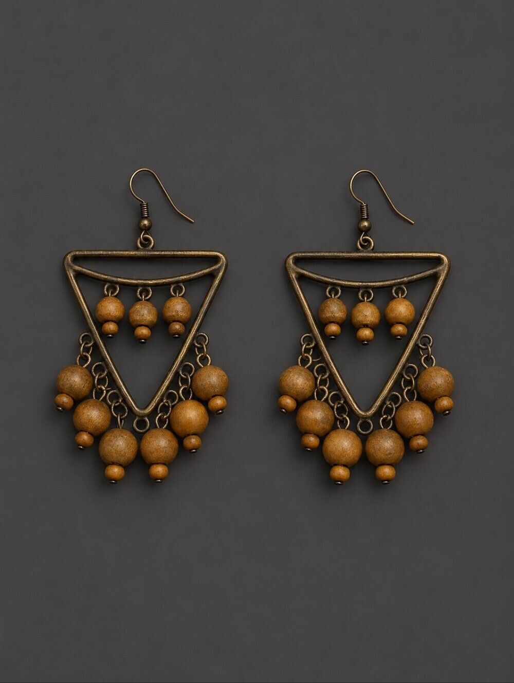 Vintage 1980s Jumbo Geometric Wood Beaded Dangle Chandalier Ethnic Earrings